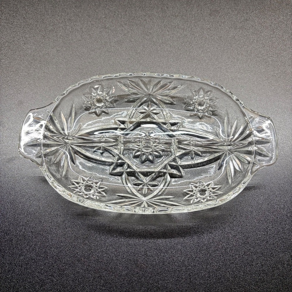 Vintage Anchor Hocking 10"x6" Star Of David Clear Pressed Glass Relish Dish/Tray
